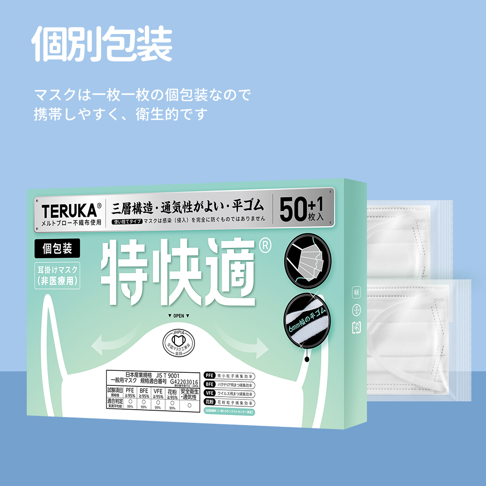 学生子供用小顔用145*90mm 三層抗菌防護 個包装マスク 6ｍｍ平ゴム 高