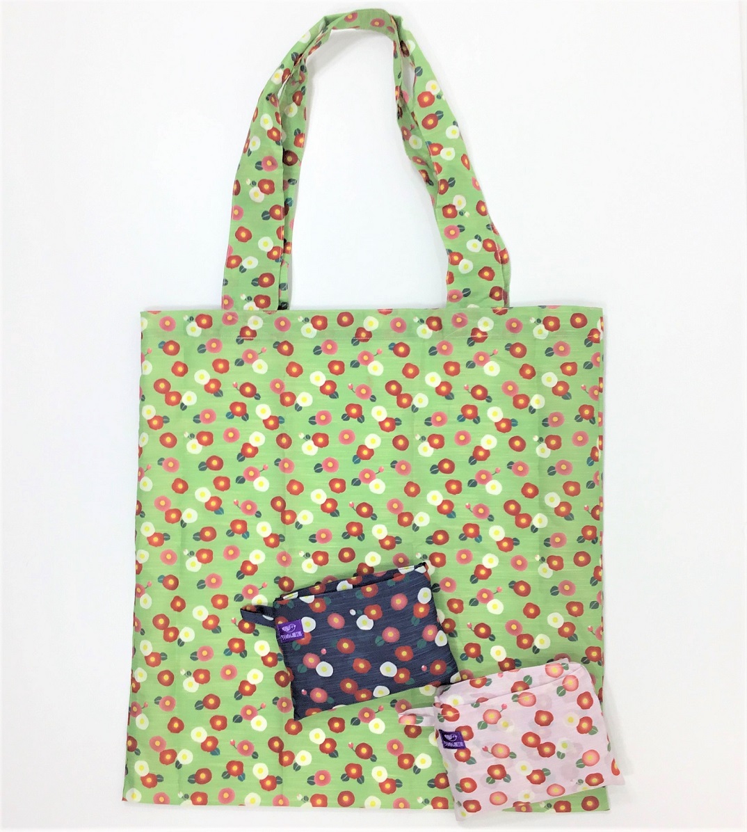 【在庫限り】【和雑貨】【和土産】エコバッグ　日本製　お買い物袋　椿　緑　紺　ピンク