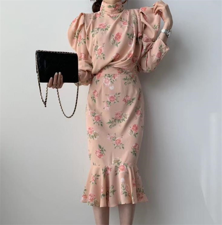 2020年大人っぽい 韓国ファッション セット シフォンブラウス プリント フリル フィッシュテールスカート