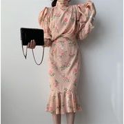 2020年大人っぽい 韓国ファッション セット シフォンブラウス プリント フリル フィッシュテールスカート