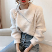 季節の単品 韓国ファッションセーター ランタンスリーブ  ボタン  4ボタン ニットトップス ミンク