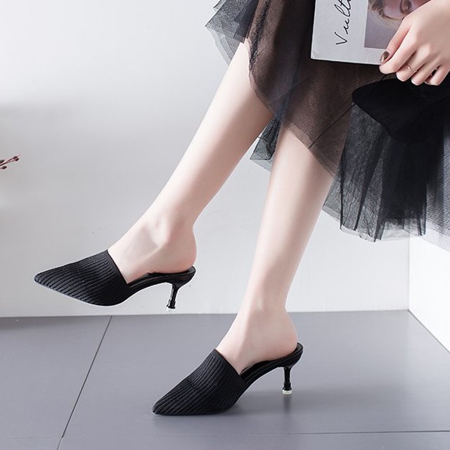 ミュール サンダル レディース ポインテッドトゥ ハイヒール 太いヒール 5.5cm 美脚 脚長 ストラップサンダル サボサンダル 履きやすい 痛くない レザー ミュール サンダル レディース ポインテッドトゥ 5.5cm