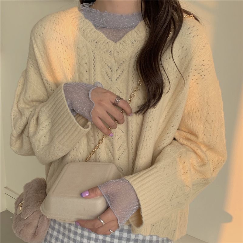 トップス シャツ ブラウス リブネック レース 長袖 秋冬 レディース