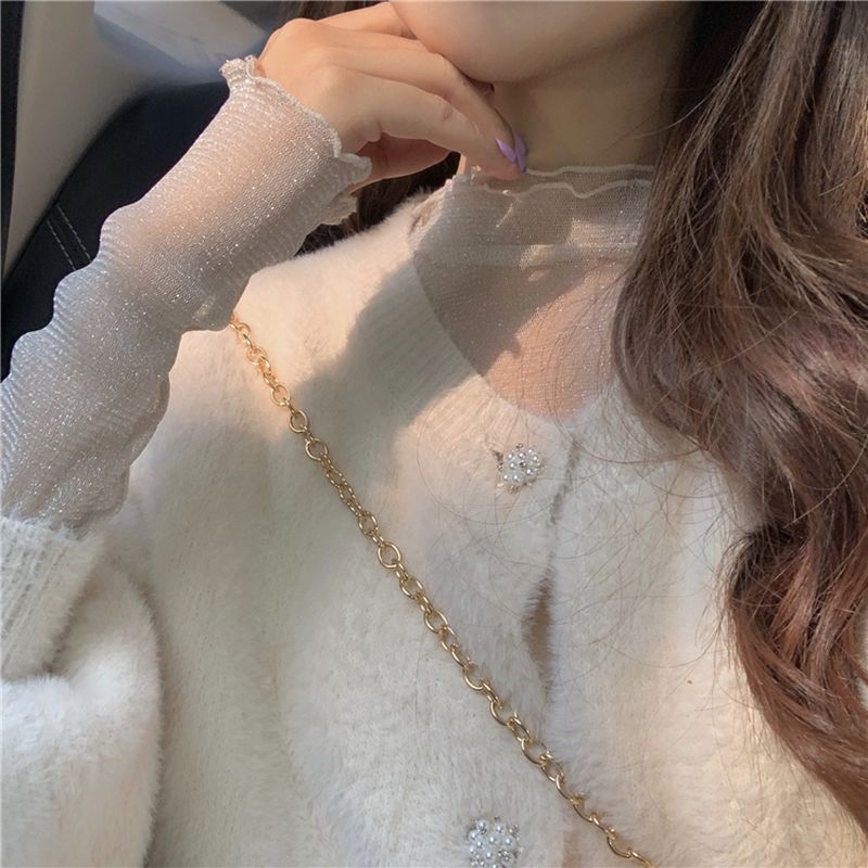 トップス シャツ ブラウス リブネック レース 長袖 秋冬 レディース