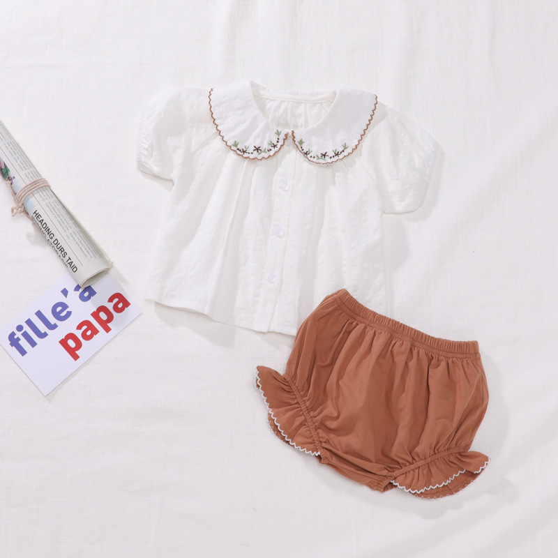 女の子2点セット！ラウンドカラー刺繍シャツ+パンツ セットアップ キッズ 子供服