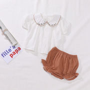 女の子2点セット！ラウンドカラー刺繍シャツ+パンツ セットアップ キッズ 子供服