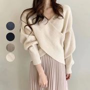 ニットトップス　セーター　デザイン　ゆるやか　クロス　韓国風　レディースファッション