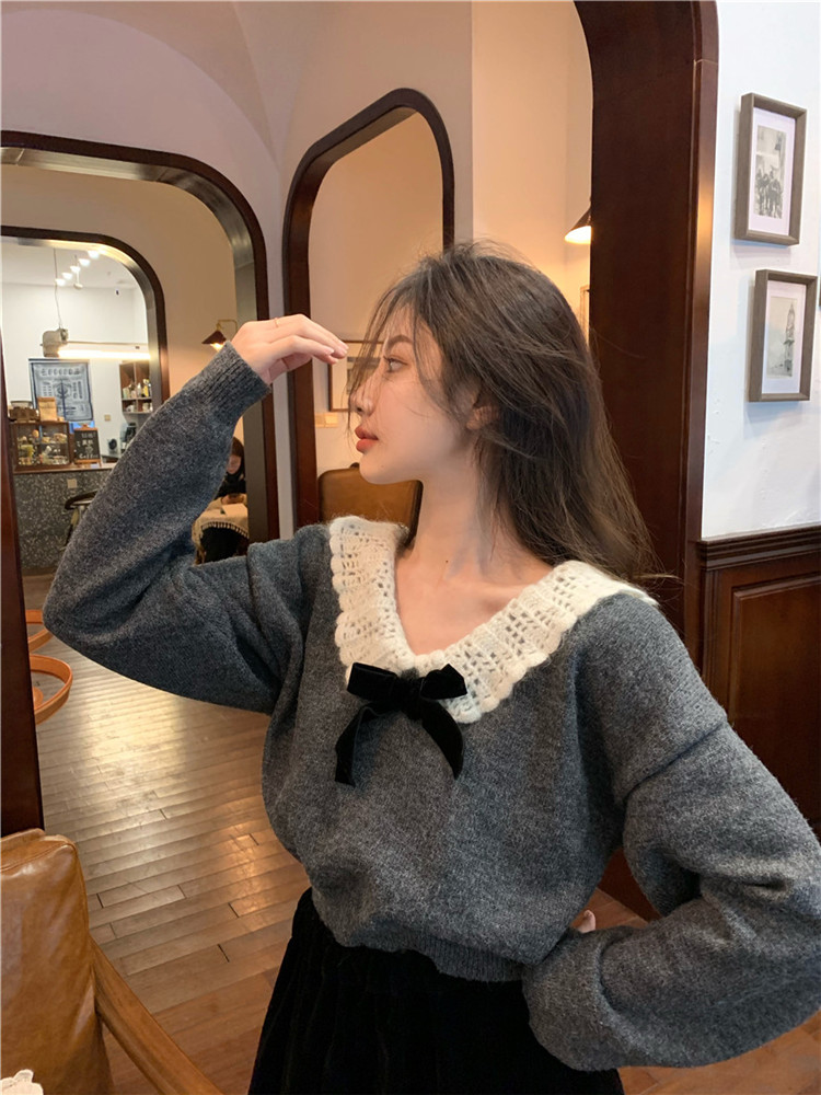 【ファッション祭り特価中!!】 韓国ファッション セーター  ベルベット 蝶結び 人形の襟 スリムフィット