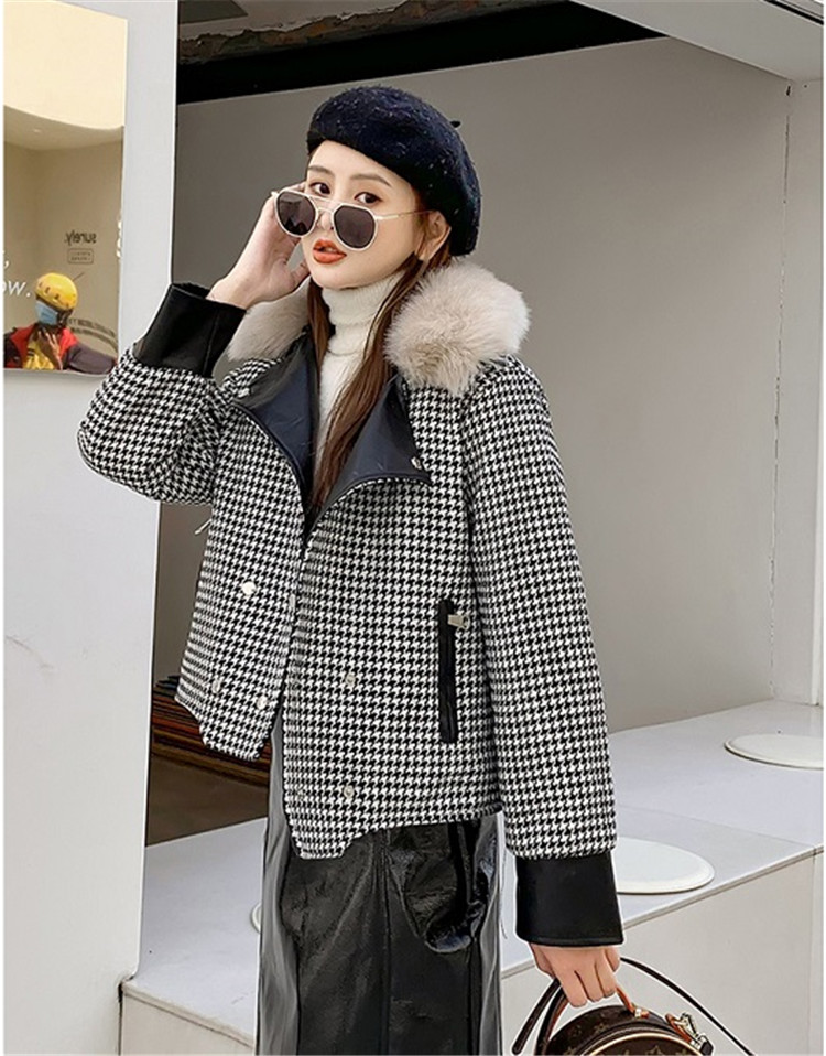 最新トレンド勢揃い韓国ファッション 千鳥格子毛皮の襟 コート気質ライトラグジュアリー 暖かい単体ボタン