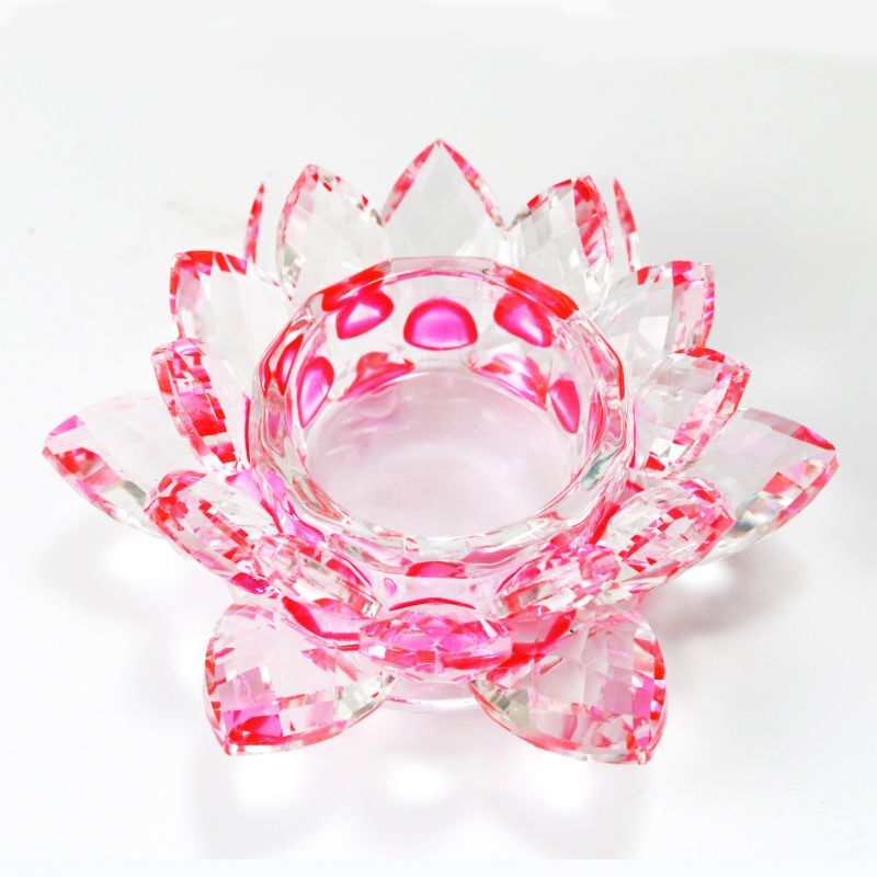 クリスタルガラス 蓮花台 お皿 小サイズ ピンクカラー 風水 丸玉台 置物 インテリア オブジェ