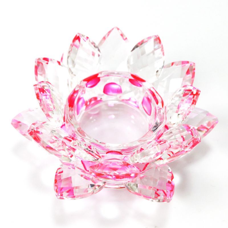 【売切セール品】クリスタルガラス 蓮花台 お皿 小サイズ ピンクカラー 風水 置物 彫り物
