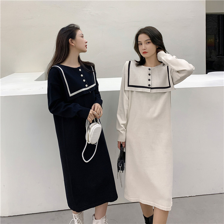 韓国ファッション 縫付ワンビース ゆったりする ニュースタイル 減齢 ニット 百掛け ネイビーカラー