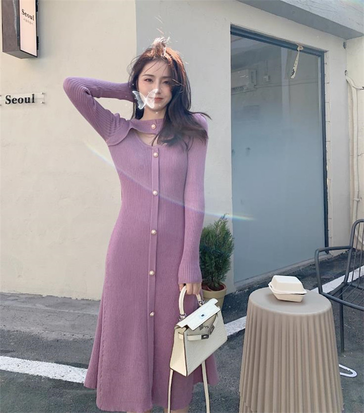 活気少女 韓国ファッション スリム ニットワンピース ホロー 怠惰な風 ワンピース 気質 ラウンドネック