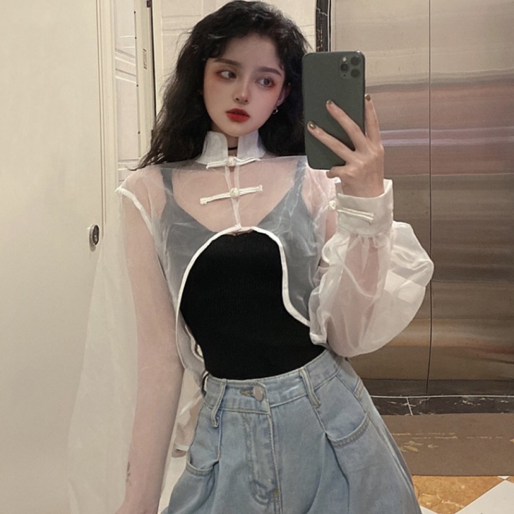 トップス シャツ 長袖 アウター シースルー ショート丈 チャイナ風 中国風 メッシュ レディース