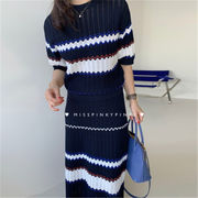 今だけの特別価格 韓国ファッション 気質 波パターンワンビース 編み物 半袖トップス スカート2点セット