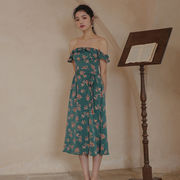 夏 オープンバック スッキリウェストライン マキシ スリム効果 キャミワンピース 韓国ファッション