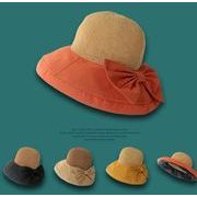 夏　帽子　麦わら帽子　UVカット 　日よけ防止　つば広　折りたたみ　蝶結び　56-58cm