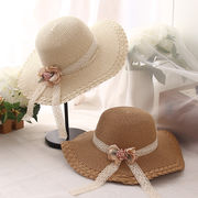草編み帽子 子供用 サンバイザー 麦わら帽子 ビーチハット UV対策 日焼け止め フラワーハット