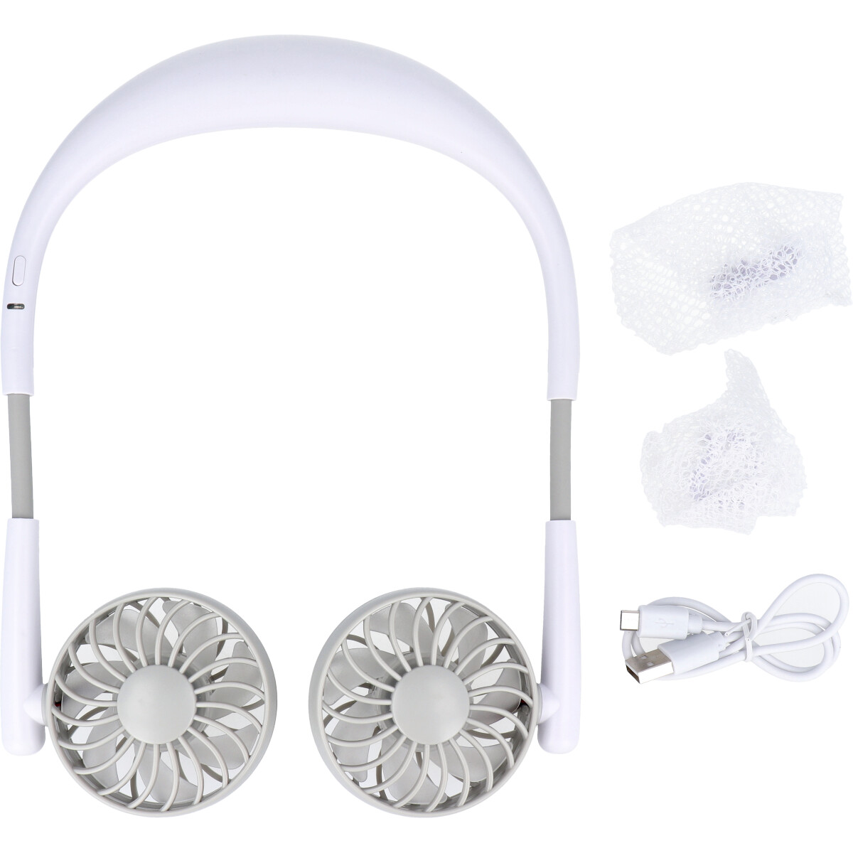 [廃盤]ネックダブルファン3 USB充電式首かけ扇風機 ホワイト＆グレー