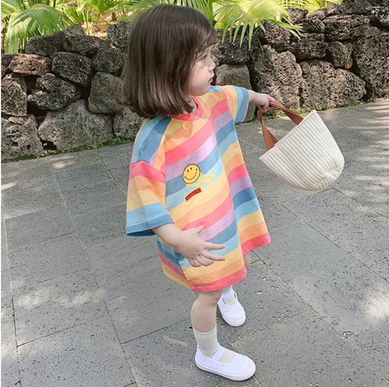 韓国 Tシャツ長目 虹 上着 子供 カラーストライプ ワンピース 夏