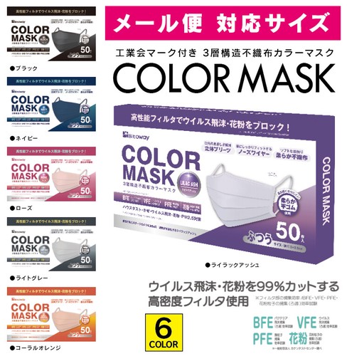 メール便対応サイズ COLOR MASK 99%カット カラー不織布マスク ふつうサイズ 50枚入 紐 同色