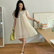 夏 減齢 ラウンドネック しわ加工 パフスリーブ ワンピース スカート レディース 韓国ファッション