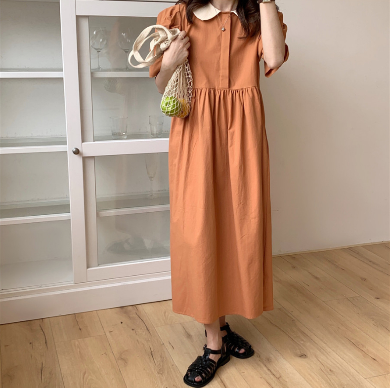 夏 ゆったり しわ加工 スリム パフスリーブ ワンピース マキシ スカート レディース 韓国ファッション