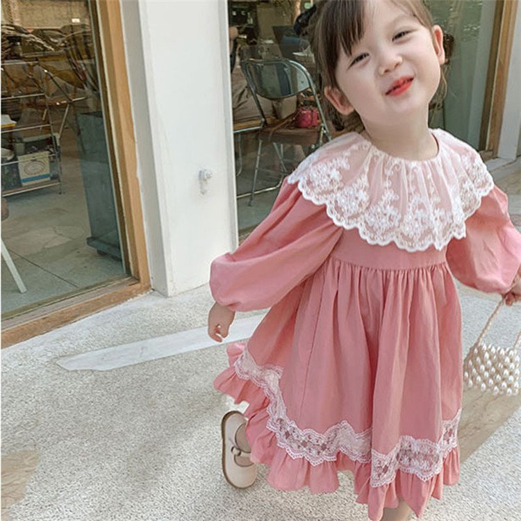 子供服 ワンピース ピンク 韓国子供服 キッズ 女の子 長袖ワンピース レース 春服 子供ドレス Dress アパレル ロンド ベル 合同会社 問屋 仕入れ 卸 卸売の専門 仕入れならnetsea