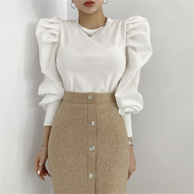 通勤する 2021 秋 韓国 気質 ハイエンド 縫付 パフスリーブ トップス ピュアカラー ファッション