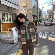 韓国ファッション 2021 秋 冬 新作 レトロ カラーマッチング 長袖 セーター 気質 ニットカーディガン