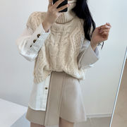 韓国ファッション 2021 タートルネック ベスト ゆったりする 秋 冬 厚手 怠惰な風 麻の花 セーター