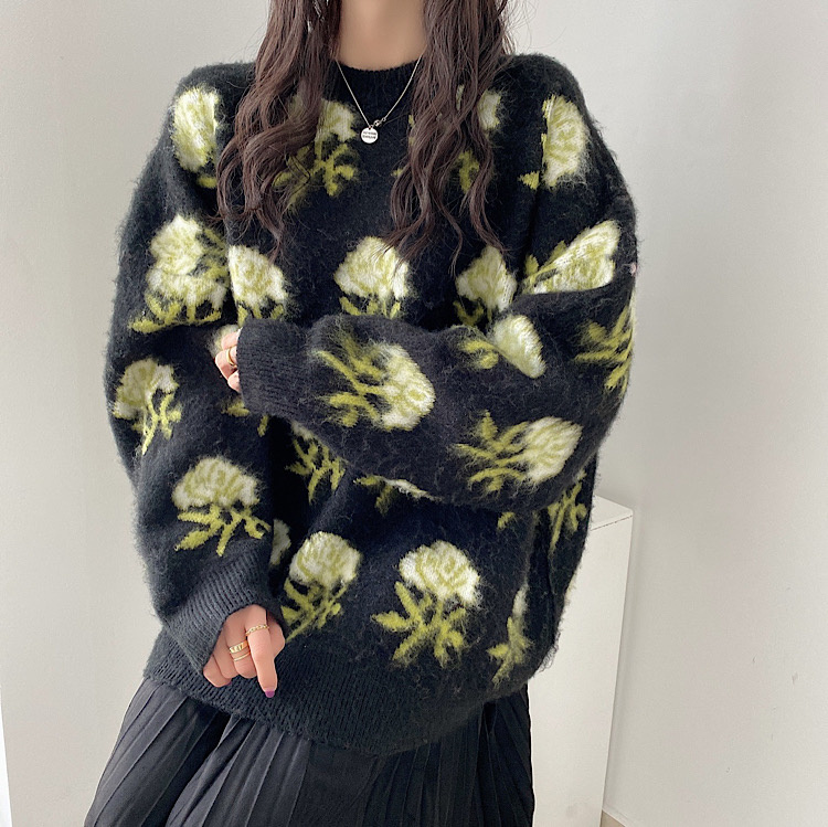 いい印象を与える 韓国ファッション スリム ラウンドネック セット 花柄 ロングスカート セーター