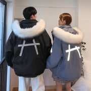 韓国ファッション秋冬 タイドブランド 反射ストリップ ゆったりする 綿の服 毛皮の襟 カップル コート