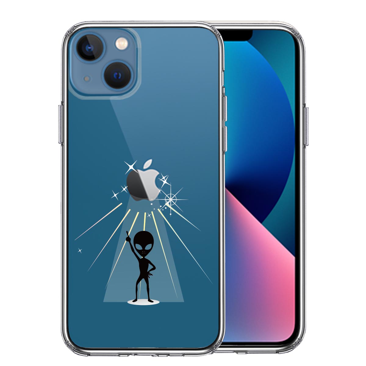 iPhone13mini 側面ソフト 背面ハード ハイブリッド クリア ケース 宇宙人 フィーバー ブラック