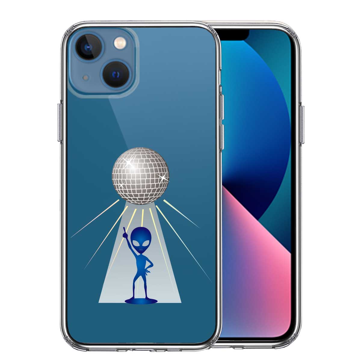 iPhone13mini 側面ソフト 背面ハード ハイブリッド クリア ケース 宇宙人 ダンシング ミラーボール