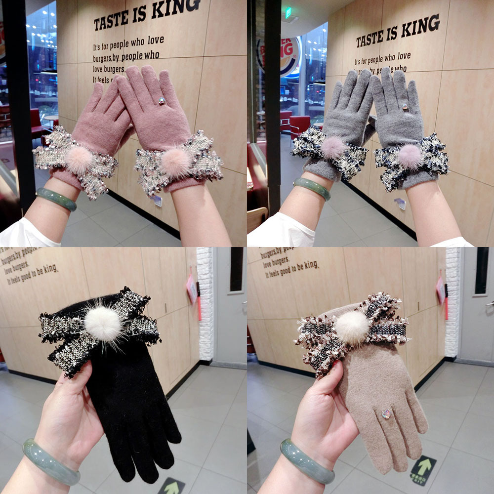 秋冬　手袋　5本指　蝶結び　あったか　ファー　韓国風ファッション