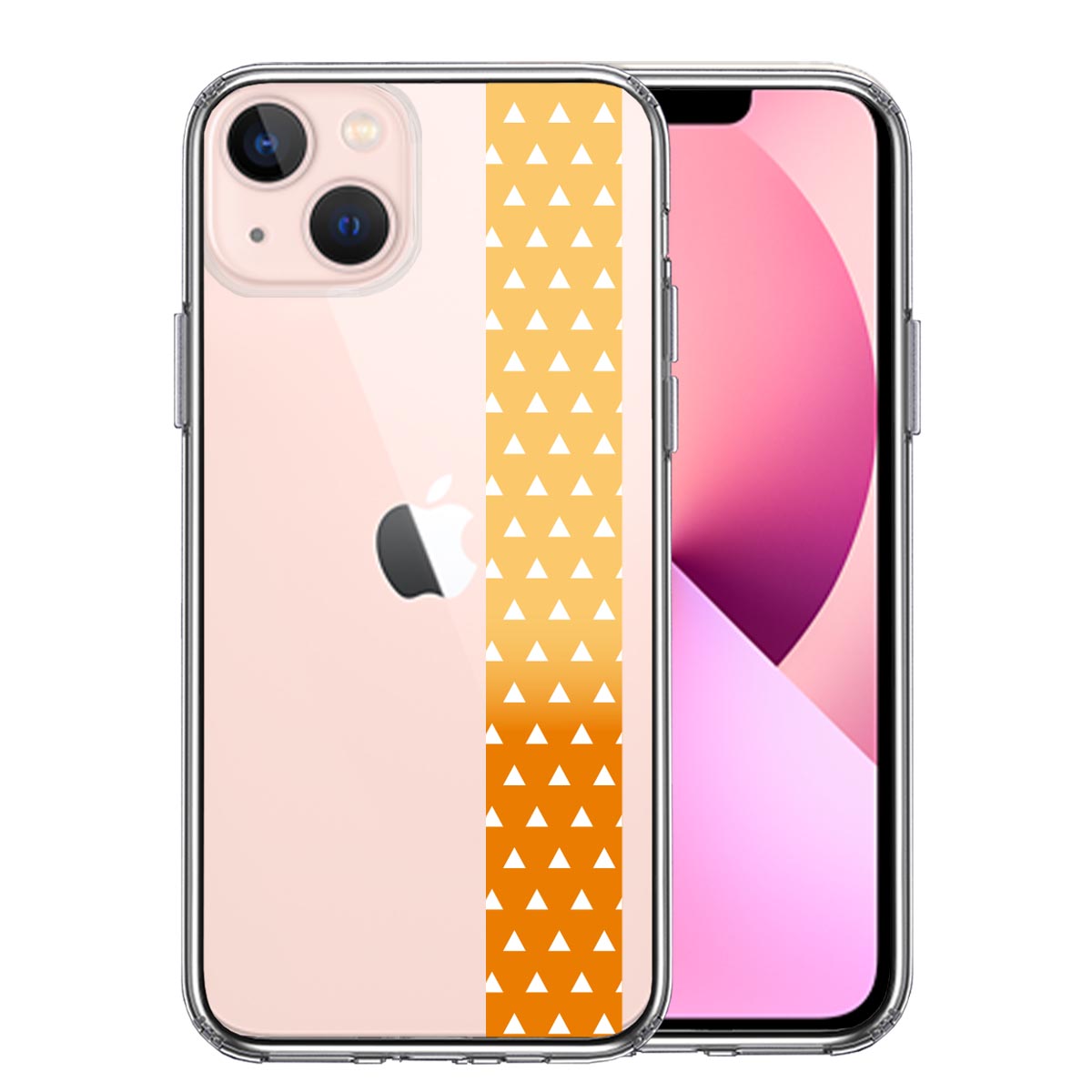 iPhone13mini 側面ソフト 背面ハード ハイブリッド クリア ケース 和柄 帯  鱗紋 うろこ紋 黄色 オレンジ