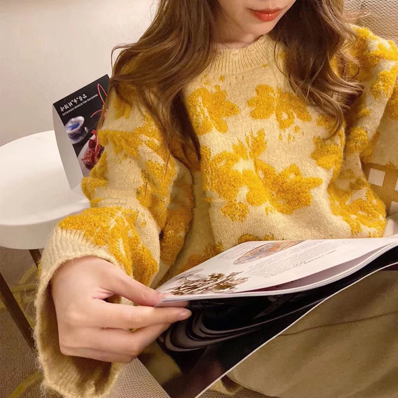2021年秋冬　レーディス服　韓国風ファッション　セータ　暖かい　花柄