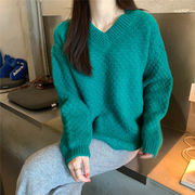 韓国ファッション 女性 レトロ 暖かさ ニットトップス Ｖネック ピュアカラー セーター