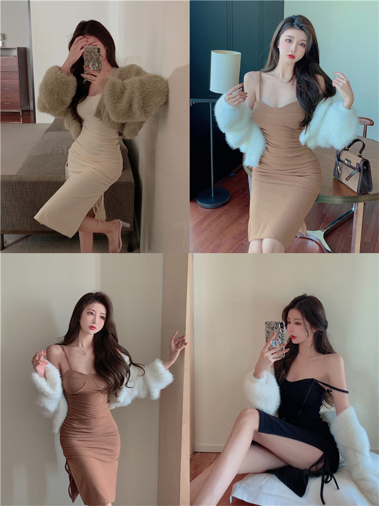 美貌で敵を打ちのめす 韓国ファッション 胸パッド付き スプリット キャミワンピ+模造ミンク 短い コート