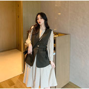 韓国ファッション ファッション 中・長セクション 長袖 ワンピース+受け取って腰 ボタン ベスト コート