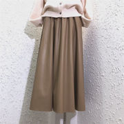 韓国ファッション レトロ ハイウエスト PUレザー スカート Aライン 中・長セクション 大きい裾