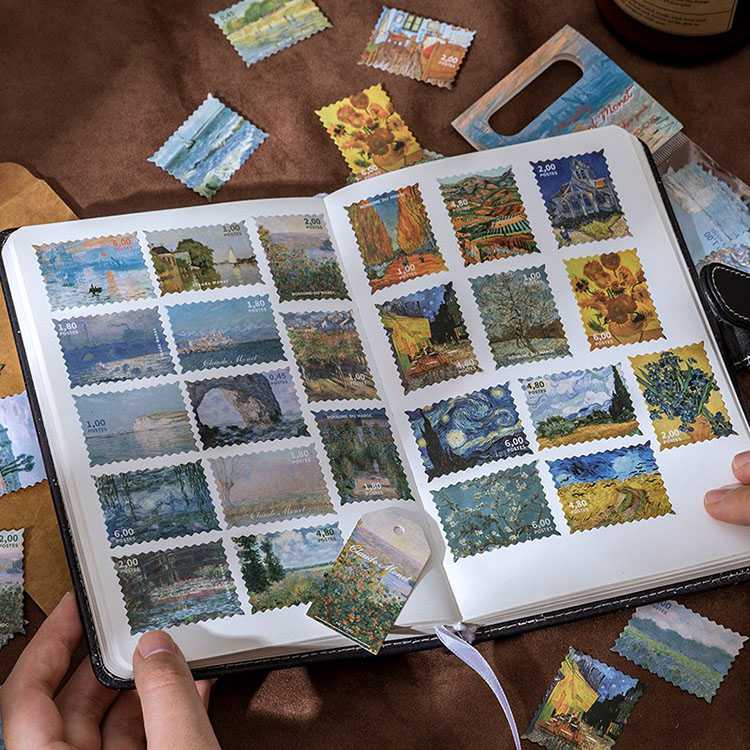 海外 切手 シール ステッカー フレークシール ◆60枚入り 全８種類 ◆ スタンプシール 絵画 油絵 世界 名絵