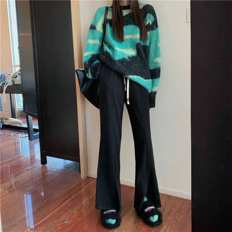 韓国ファッション ワイドパンツ ロングパンツ ピュアカラー カジュアルパンツ 伸縮性のあるウエスト