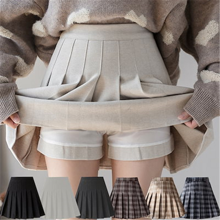 韓国大人気 デザイン プリーツスカート スカートレイヤード 可愛い 秋冬 無地 チェック レディース