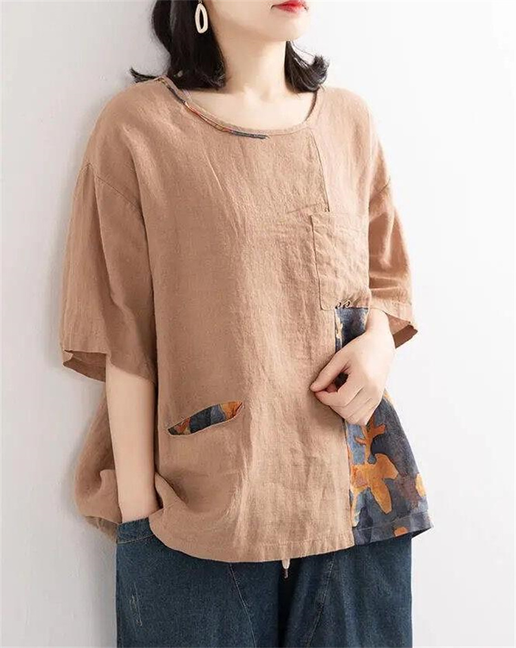 シルエットが美しい 韓国ファッション イレギュラー スプライシング プリント コットン 半袖 Tシャツ