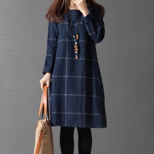 春新作 韓国風レディース服 ワンピ オシャレ 麻綿スカート ワンピース チェック柄 大きいサイズ M-3XL