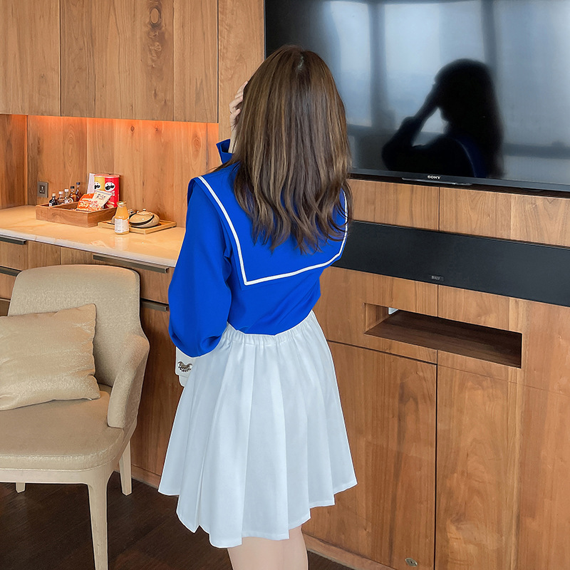 ［O3］セーラー襟 シャツ × プリーツ スカート 上下set 韓国 ★ 即納☆2L～6L 大きいサイズ☆ 学生風 通勤通学 セーラー服