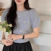 ニットTシャツ　トップス　レディース　INS　韓国ファッション　デザイン　春夏　リボン　バレエコア