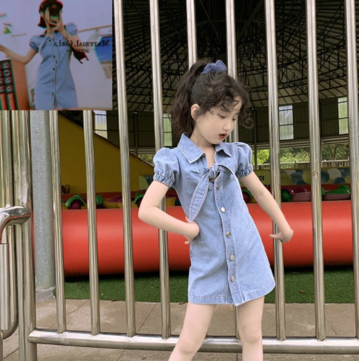 2022新作  女の子  子供服  ジーンズのスカート  半袖  ワンピース  キッズ  ワンピース   韓国風子供服